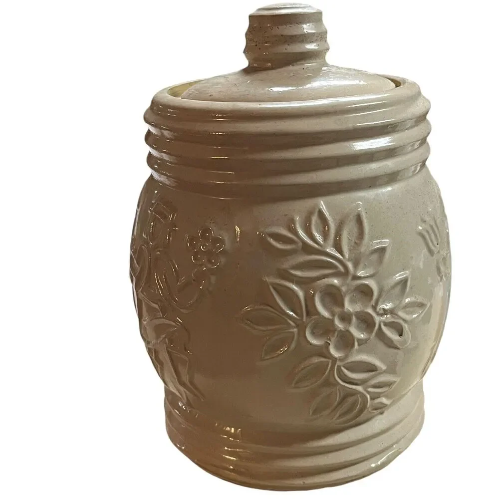 Red Wing Crock Cookie Jar Dancing Peasants Cream Natural Stoneware Vintage 1940s